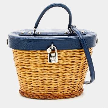 Pre Owned Dolce & Gabbana Blue/Beige Straw And Embossed Leather Wicker Bag