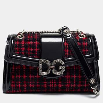Pre Owned Dolce & Gabbana Black/Red Glossy Leather and Tweed DG Amore Shoulder Bag
