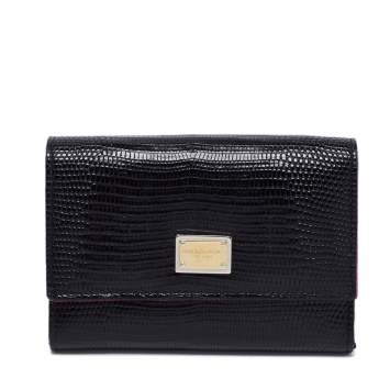 Pre Owned Dolce & Gabbana Black Lizard Embossed Leather Trifold Compact Wallet