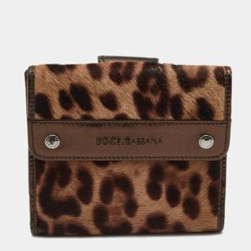 Pre Owned Dolce & Gabbana Brown Leopard Print Calfhair and Patent Leather French Compact Wallet