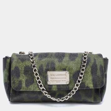 Pre Owned Dolce & Gabbana Green Leopard Print Coated Canvas and Leather Flap Chain Shoulder Bag
