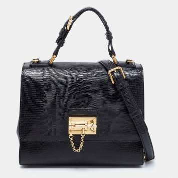 Pre Owned Dolce & Gabbana Black Lizard Embossed Leather Medium Miss Monica Top Handle Bag
