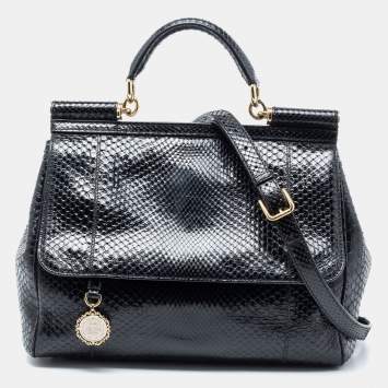 Pre Owned Dolce & Gabbana Black Python Large Miss Sicily Top Handle Bag