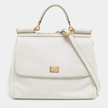 Pre Owned Dolce & Gabbana White Leather Large Miss Sicily Top Handle Bag