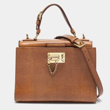 Pre Owned Dolce & Gabbana Brown Lizard Embossed Leather Miss Monica Top Handle Bag