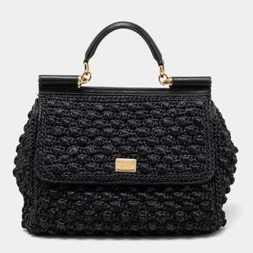 مملوكة مسبقًا Dolce & Gabbana Black Woven Raffia and Leather Large Miss Sicily Top Handle Bag