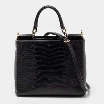Pre Owned Dolce & Gabbana Black Lizard Embossed Leather Miss Sicily Top Handle Bag