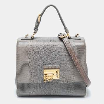 Pre Owned Dolce & Gabbana Grey Lizard Embossed Leather Medium Miss Monica Top Handle Bag