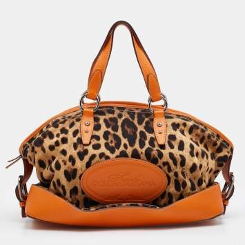Pre Owned Dolce & Gabbana Orange/Brown Animal Print Canvas and Leather Animalier Satchel