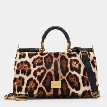 Pre Owned Dolce & Gabbana Beige/Brown Animal Print Calf Hair Miss Sicily Top Handle Bag