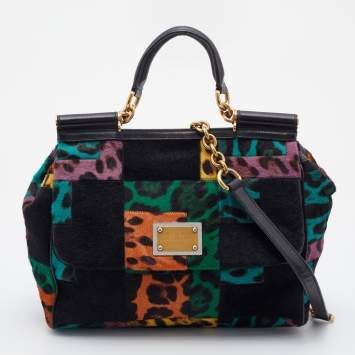 Pre Owned Dolce & Gabbana Multicolor Patchwork Calf Hair and Leather Large Miss Sicily Top Handle Bag