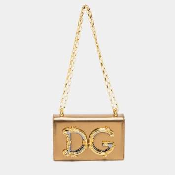 Pre Owned Dolce & Gabbana Metallic Gold Leather DG Girls Shoulder Bag