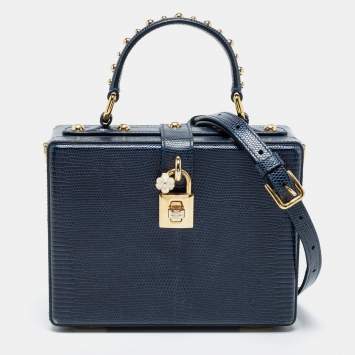 Pre Owned Dolce & Gabbana Blue Lizard Embossed Leather Rosaria Box Top Handle Bag            