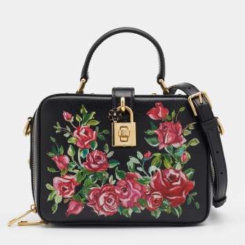 Pre Owned Dolce & Gabbana Black Printed Rose Leather Box Top Handle Bag