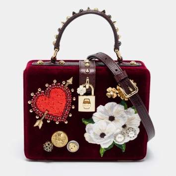 Pre Owned Dolce & Gabbana Burgundy Velvet and Lizard Embossed Leather Embellished Box Bag