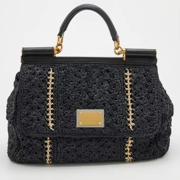 Pre Owned Dolce & Gabbana Black Woven Raffia And Leather Large Sicily Top Handle Bag