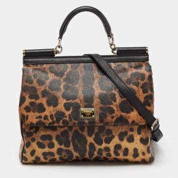 Pre Owned Dolce & Gabbana Black Leopard Print Coated Canvas And Leather Large Miss Sicily Top Handle Bag
