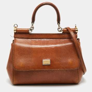 Pre Owned Dolce & Gabbana Brown Iguana Emobossed Leather Small Miss Sicily Top Handle Bag