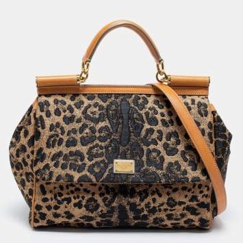 Pre Owned Dolce & Gabbana Black/Brown Leopard Print Fabric and Leather Large Miss Sicily Top Handle Bag