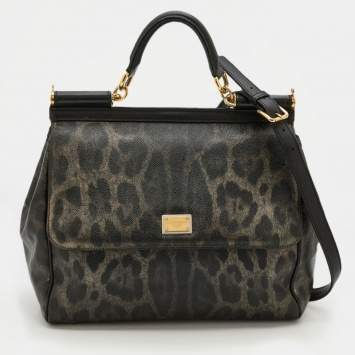 Pre Owned Dolce & Gabbana Grey/Black Leopard Print Coated Canvas And Leather Large Miss Sicily Top Handle Bag
