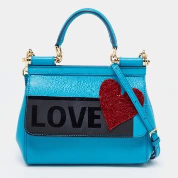 Pre Owned Dolce & Gabbana Blue Leather Love Small Sicily Top Handle Bag