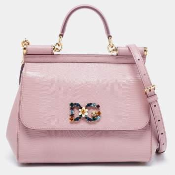 Pre Owned Dolce & Gabbana Pink Iguana Embossed Leather Crystal DG Logo Miss Sicily Bag