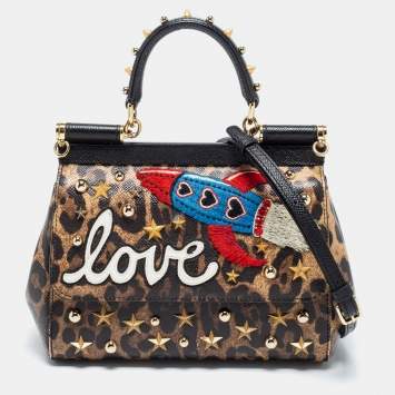 Pre Owned Dolce & Gabbana Beige/Brown Leopard Print Leather Studded Sicily Top Handle Bag