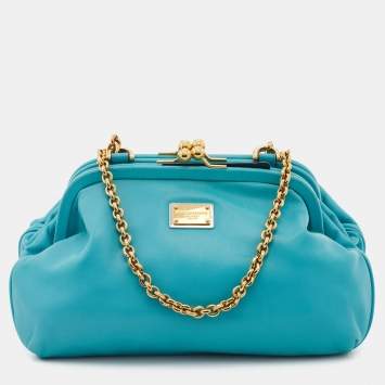 Pre Owned Dolce & Gabbana Turquoise Leather Frame Chain Shoulder Bag