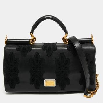 Pre Owned Dolce & Gabbana Black Leather and Crochet Patchwork Miss Sicily Top Handle Bag