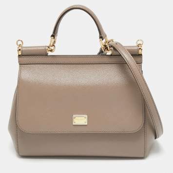 Pre Owned Dolce & Gabbana Dark Beige Leather Medium Miss Sicily Top Handle Bag