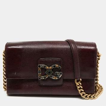 Pre Owned Dolce & Gabbana Burgundy Lizard Embossed Leather DG Millennials Shoulder Bag