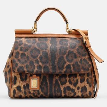 Pre Owned Dolce & Gabbana Brown Leopard Coated Canvas and Leather Large Miss Sicily Top Handle Bag