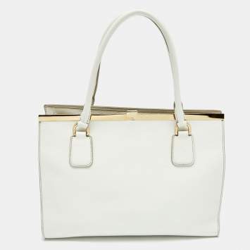 Pre Owned Dolce & Gabbana White Leather Large Frame Tote