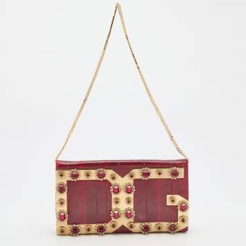 Pre Owned Dolce & Gabbana Red Eel Leather DG Gems Stone Embellished WOC Clutch