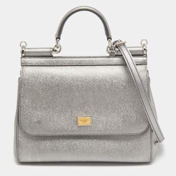 Pre Owned Dolce & Gabbana Metallic Silver Leather Medium Miss Sicily Top Handle Bag