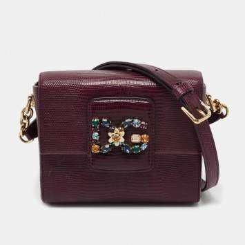 Pre Owned Dolce & Gabbana Burgundy Lizard Embossed Leather DG Millenials Crossbody Bag