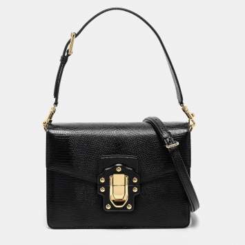 Pre Owned Dolce & Gabbana Black Iguana Embossed Leather Medium Lucia Medium Shoulder Bag
