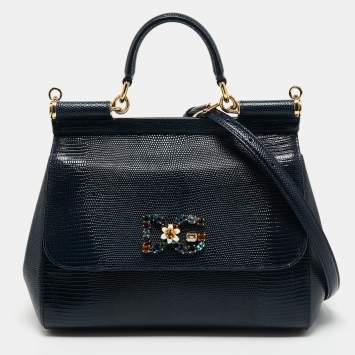 Pre Owned Dolce & Gabbana Blue Iguana Embossed Leather Medium Crystal DG Logo Miss Sicily Top Handle Bag