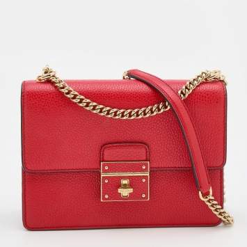 Pre Owned Dolce & Gabbana Red Leather Rosalia Flap Shoulder Bag