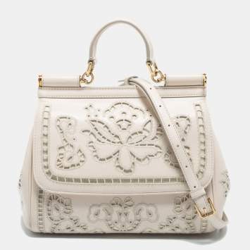 Pre Owned Dolce & Gabbana Off White Floral Cut Out Leather Medium Miss Sicily Top Handle Bag
