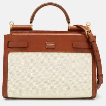 Pre Owned Dolce & Gabbana Brown/Cream Canvas and Leather Sicily 62 Medium Top Handle Bag