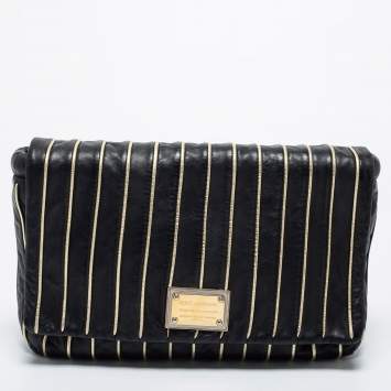 Pre Owned Dolce & Gabbana Black/Gold Striped Leather Large Miss Lexington Flap Clutch