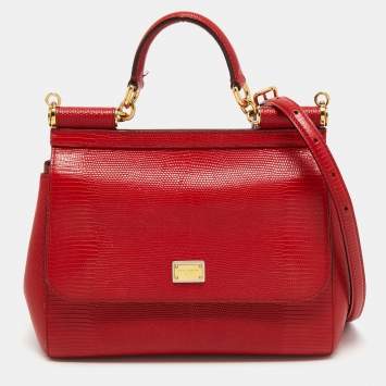 Pre Owned Dolce & Gabbana Red Lizard Embossed Leather Medium Miss Sicily Top Handle Bag