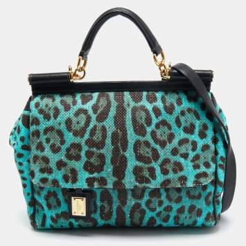 Pre Owned Dolce & Gabbana Blue/Brown Leopard Print Raffia Large Miss Sicily Top Handle Bag