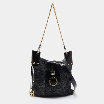 Pre Owned Dolce & Gabbana  Black/Grey Embossed Leather and Fur Tote
