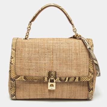 Pre Owned Dolce & Gabbana Beige Raffia and Python Leather Miss Dolce Top Handle Bag