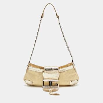 Pre Owned Dolce & Gabbana Gold Snakeskin Glossy Leather and Fabric DG Logo Baguette Bag