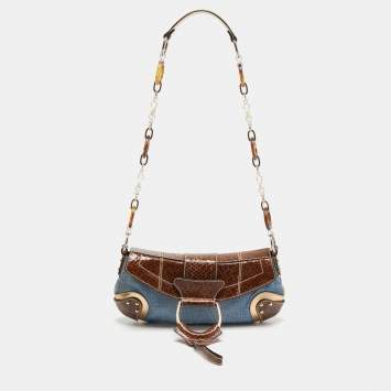 Pre Owned Dolce & Gabbana Brown/Blue Denim and Snakeskin D Ring Flap Shoulder Bag