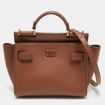 Pre Owned Dolce & Gabbana Brown Leather Small Sicily 62 Top Handle Bag