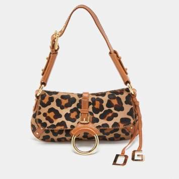 Pre Owned Dolce & Gabbana Brown/Beige Leopard Print Calfhair and Leather Flap Baguette Bag